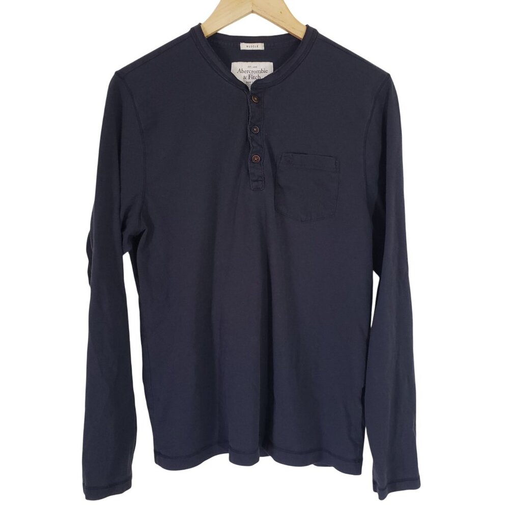 Abercrombie & Fitch Mens Navy Long Sleeve‎ Henley Shirt Size L Muscle Fit Y2K